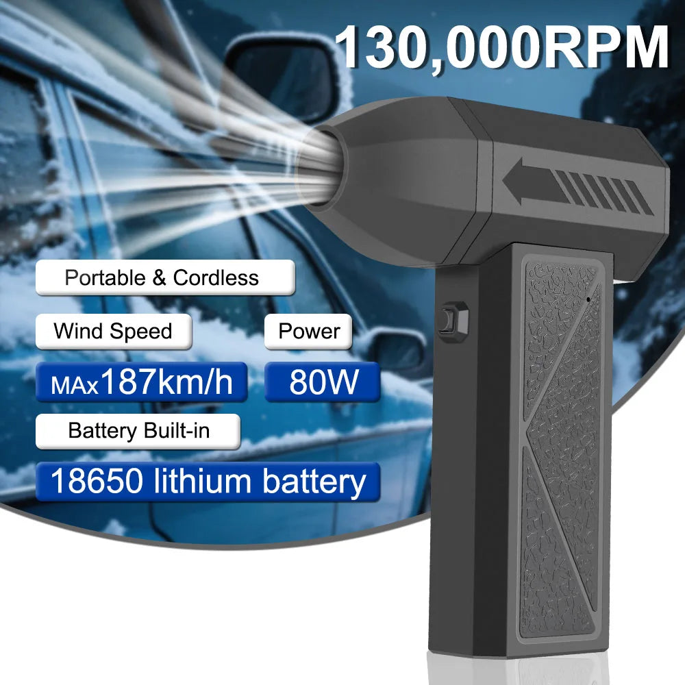 Turbo Jet Fan Blower & Air Duster — 130,000 RPM Brushless Motor, 4-Gear, 75W, Type-C Charging, 5 Nozzles