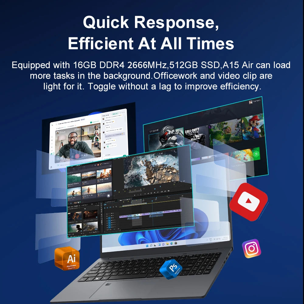Ninkear A15 Air 15.6" Laptop – AMD Ryzen 3 or Intel N150, Up to 16GB DDR4, 512GB SSD, 180° Hinge, Windows 11