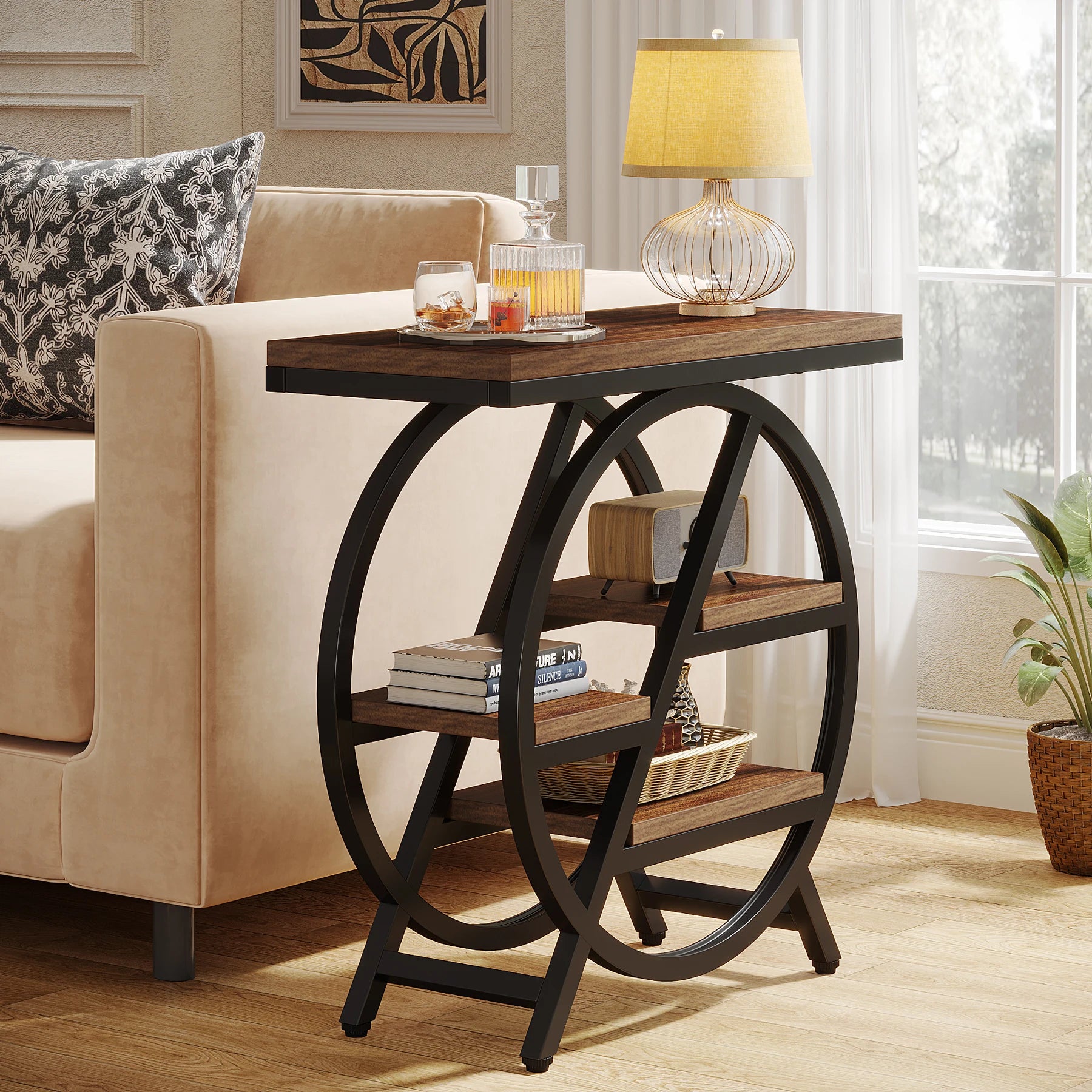 Tribesigns 3-Tier Narrow Side Table — Wood & Geometric Metal Frame