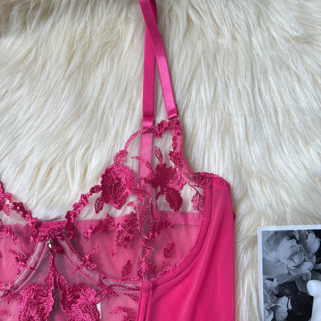 Sheer Embroidery Bra & Brief Set — Transparent Lace Underwear Suit