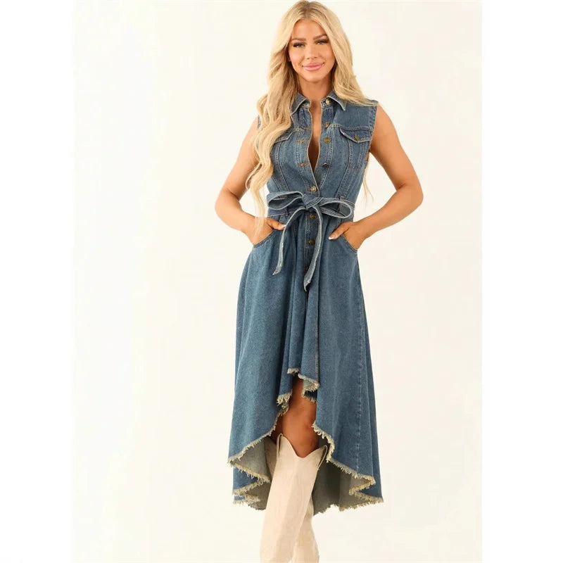 Denim Dresses For Women Sleeveless Sexy Irregular Girl Fashion A-Line Long Tunic Dress Lady Lace-Up Female Jeans Clothes