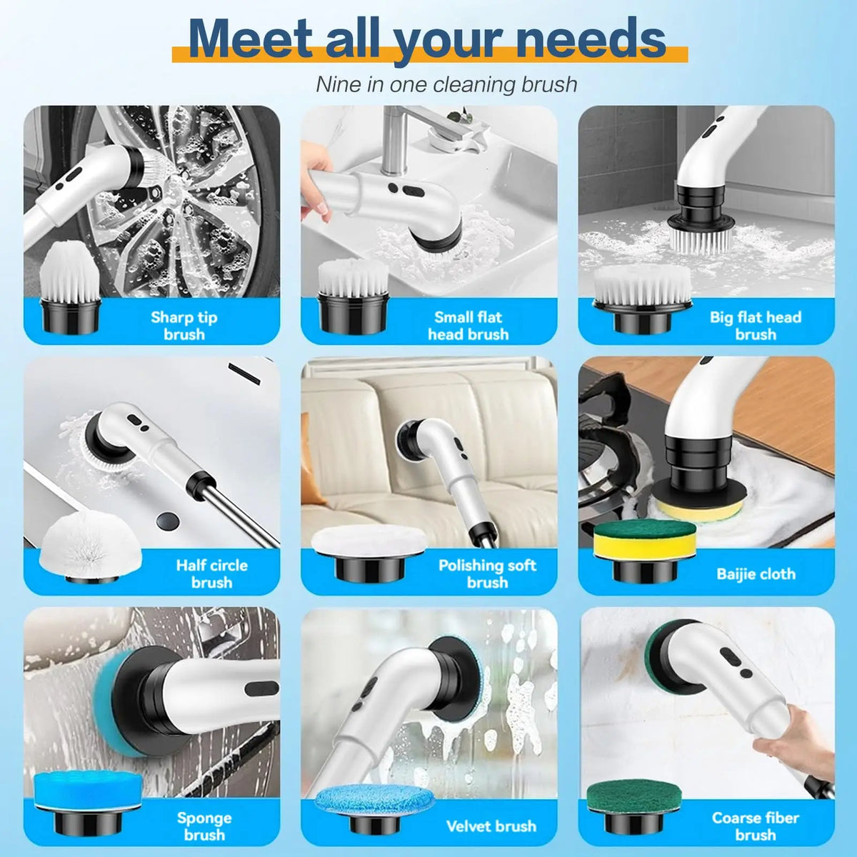 Cordless Electric Spin Scrubber – 9 Brush Heads, Adjustable Extension Handle, Shower & Bathroom Cleaning Brush