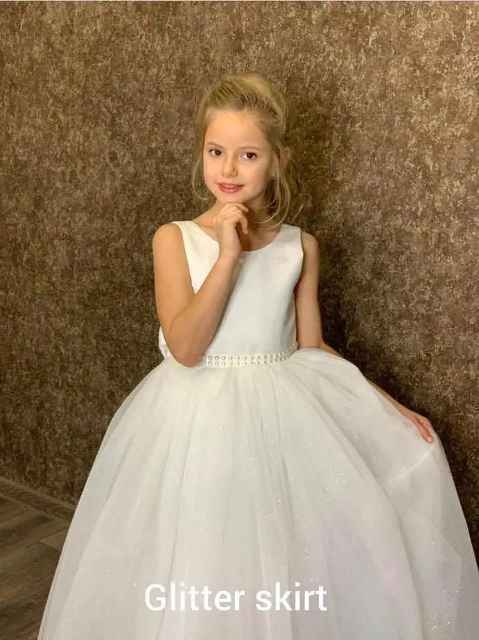 Long Sleeve Flower Girl Dress — White Lace Tulle First Communion & Bridesmaid Dress