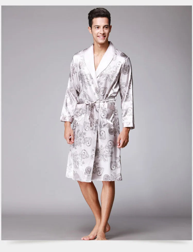 Men's Dragon Print Kimono Bathrobe — Plus Size Satin Robe