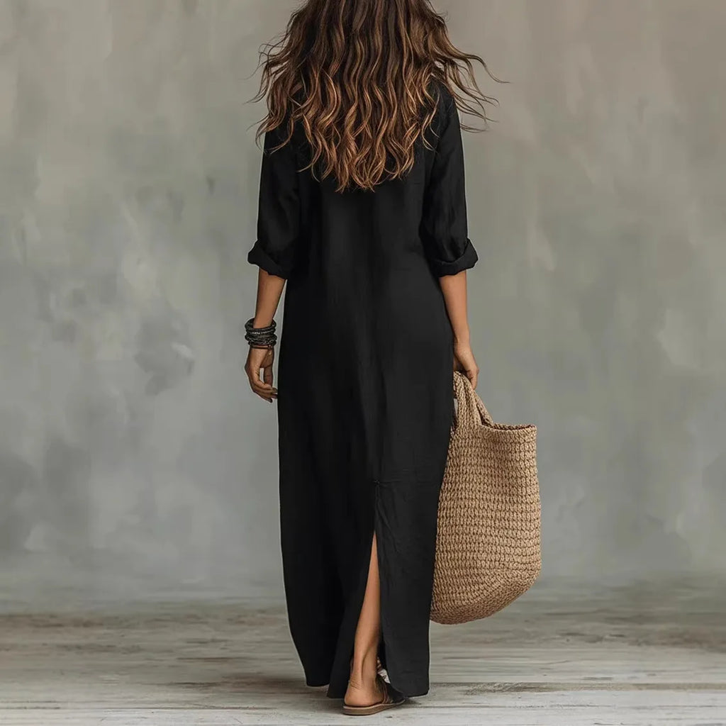 Women's Casual Long Sleeve Loose Maxi Dress – Solid Color Turn-Down Collar Beach & Elegant Dress