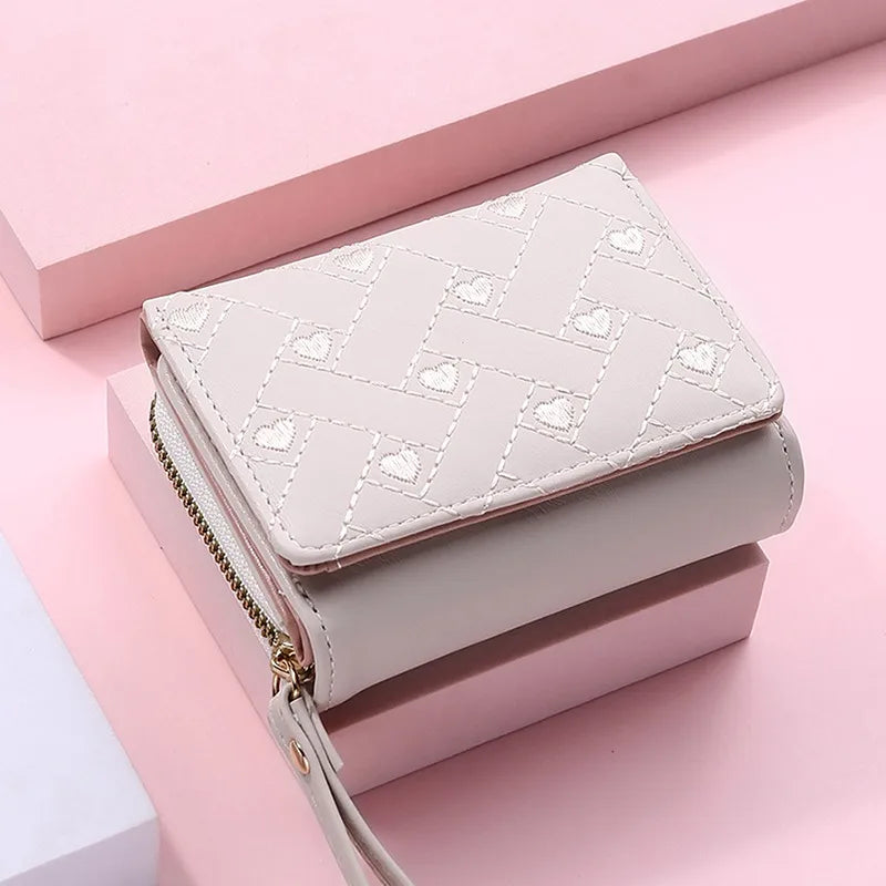 Women's Tri-Fold Wallet – Embroidered Love Pattern, Multi-Slot Card Holder