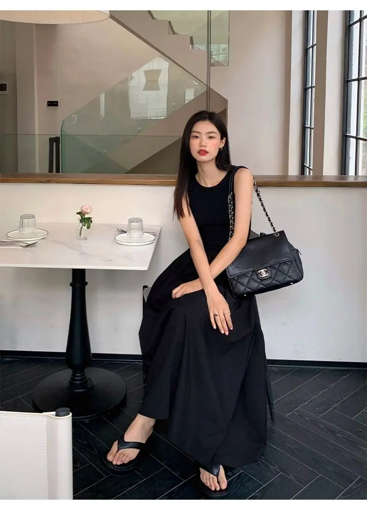 Women's Vintage Black Midi Dress – O-Neck Office Lady Casual Style with Pockets