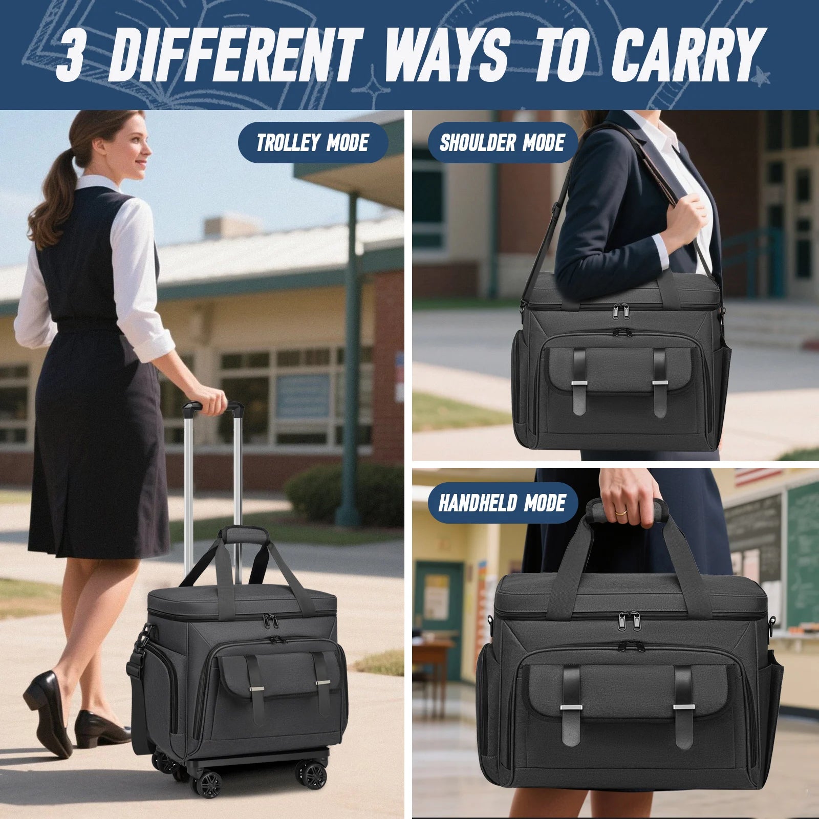 Rolling Teacher Tote Bag with Wheels — 15.6" Laptop Trolley for Teachers & Commuters