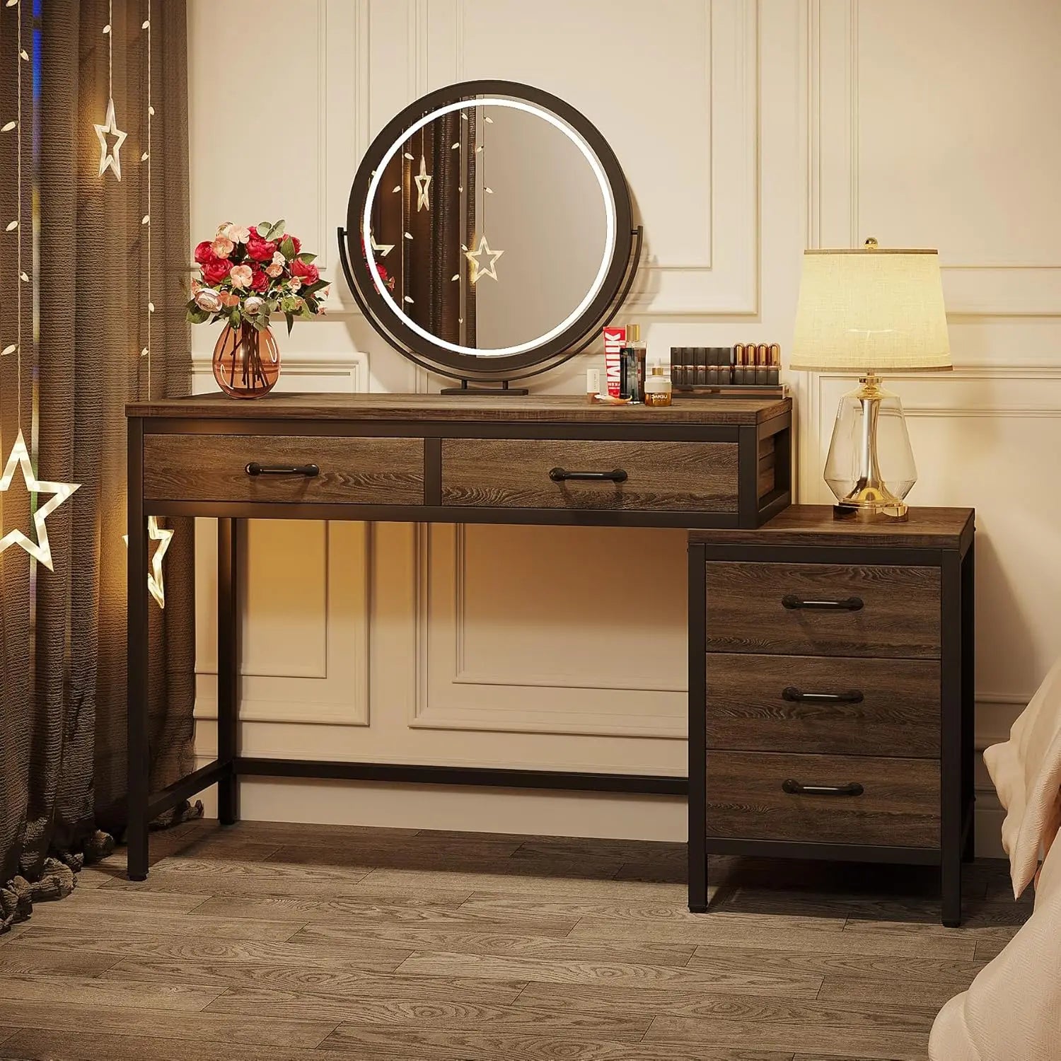 Vanity Desk with 5 Drawers & 3-Drawer Side Chest — No Mirror