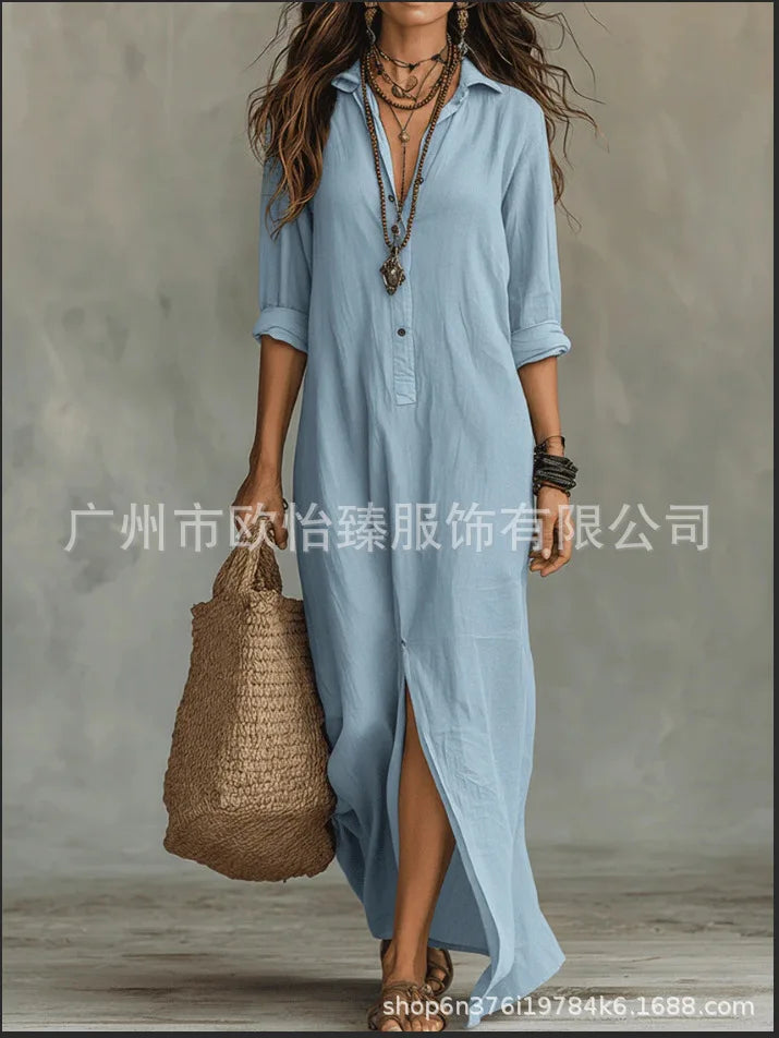 Women's Casual Long Sleeve Loose Maxi Dress – Solid Color Turn-Down Collar Beach & Elegant Dress