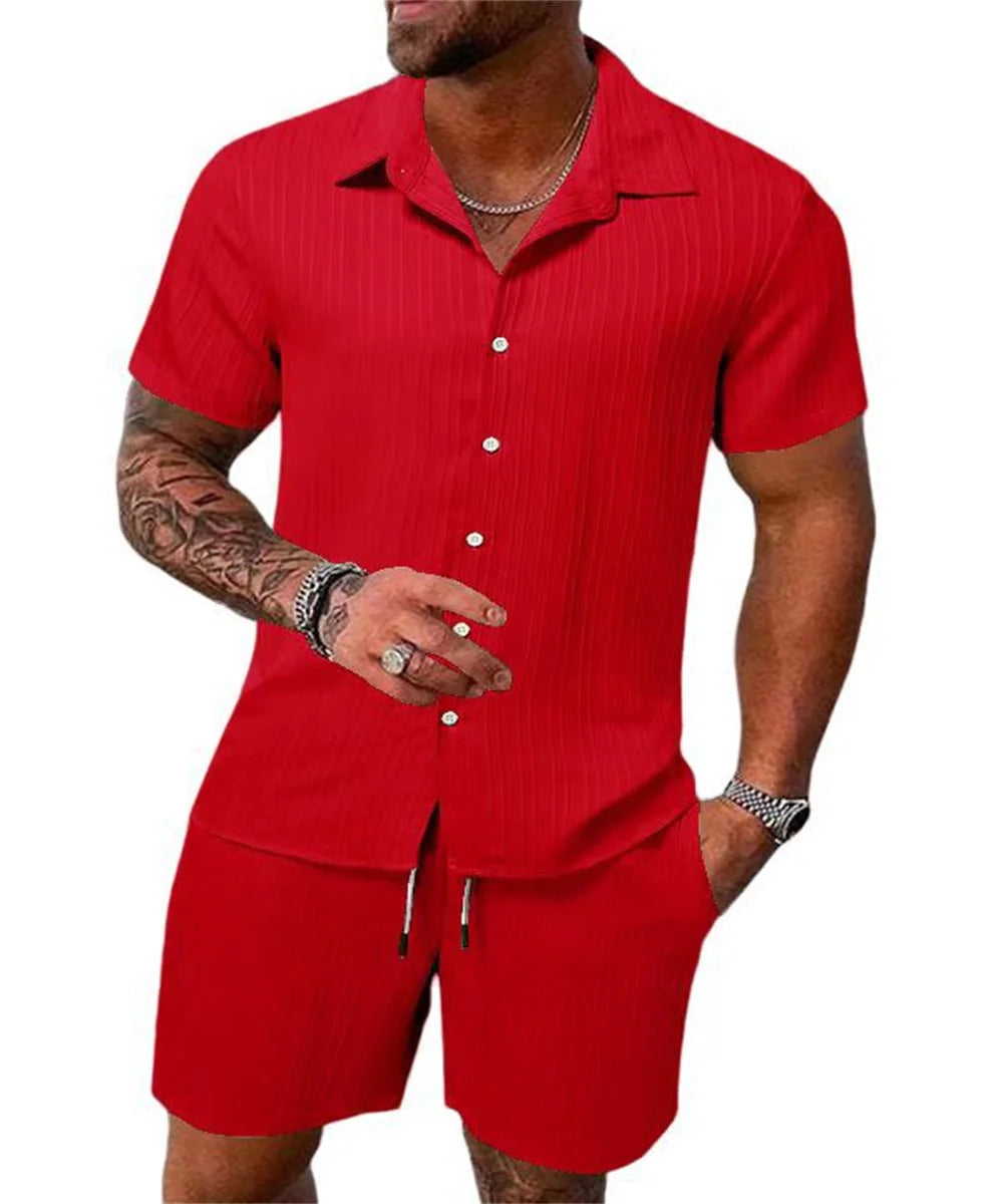 Men's Solid Color Casual Beach Shirt & Shorts Set – Loose Short Sleeve Outdoor Sport Summer 2-Piece