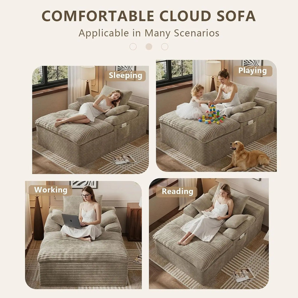 Oversized Corduroy Chaise Lounge with Cup Holders