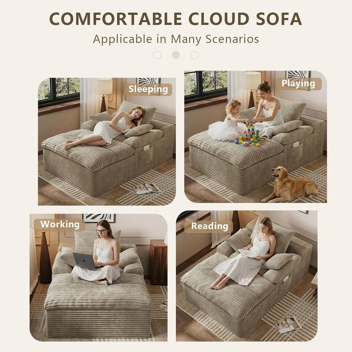 Oversized Corduroy Chaise Lounge with Cup Holders