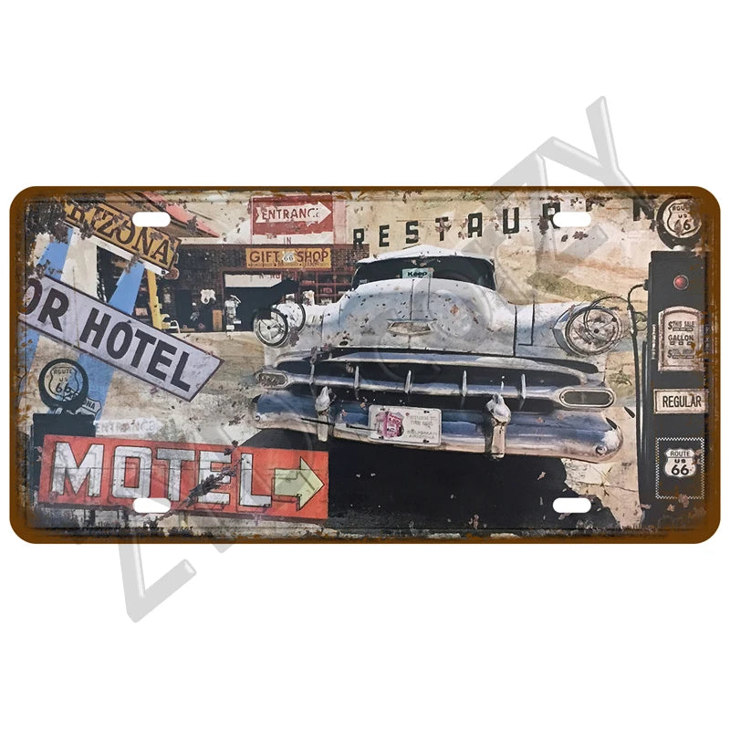 Route 66 Vintage Car Garage Tin Sign — Retro Wall Art Decor