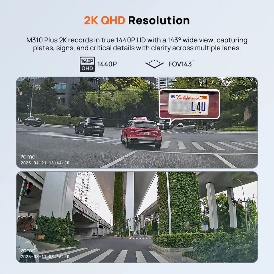 70mai M310 Plus 2K Dash Cam – 1440P QHD, 143° FOV, Voice Control, 24H Parking Guard, Night Vision