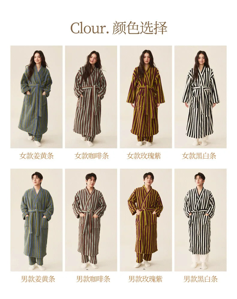 Women's Coral Velvet Striped Fleece Robe | Thick Plush Dressing Gown Loungewear