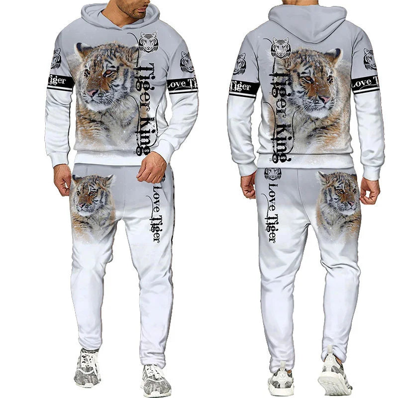 Men's 3D Tiger Print Hoodie & Pants Tracksuit Set – 2-Piece Sportswear