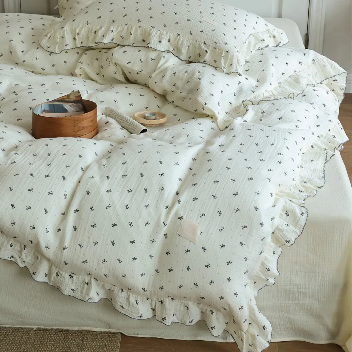 Princess Ruffle Bedding Set – 100% Cotton Gauze Duvet Cover with Pillowcases, Floral, 3-Piece