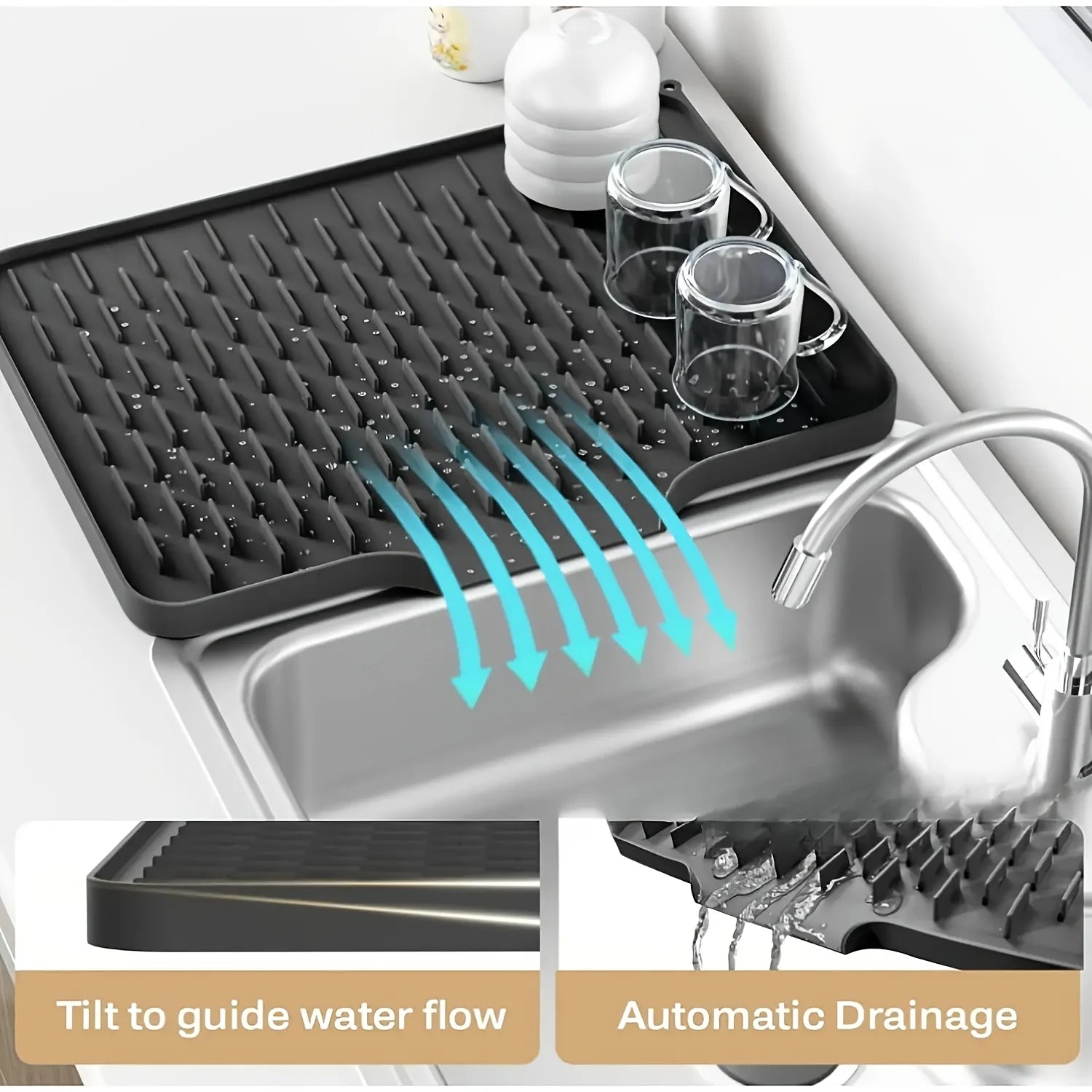 Silicone Drain Mat with Built-In Drainage – Large Rectangular Kitchen Countertop & Sink Mat
