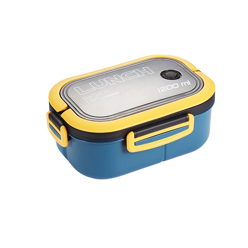 Blue and yellow lunch box with 'Lunch' branding on a white background
