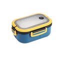 Blue and yellow lunch box with 'Lunch' branding on a white background