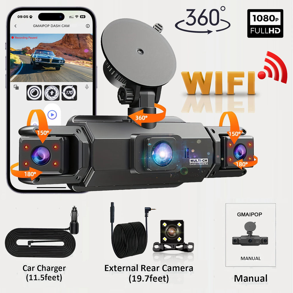 4-Channel WiFi Dashcam – FHD 1080P, Night Vision, Loop Recording, Parking Monitor | Front + Rear + Side
