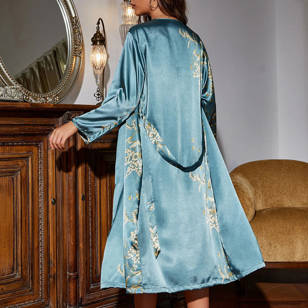 Women's Four-Season Lace Up Pajama Dress Set | 2-Piece Thin Outerwear Medium Length