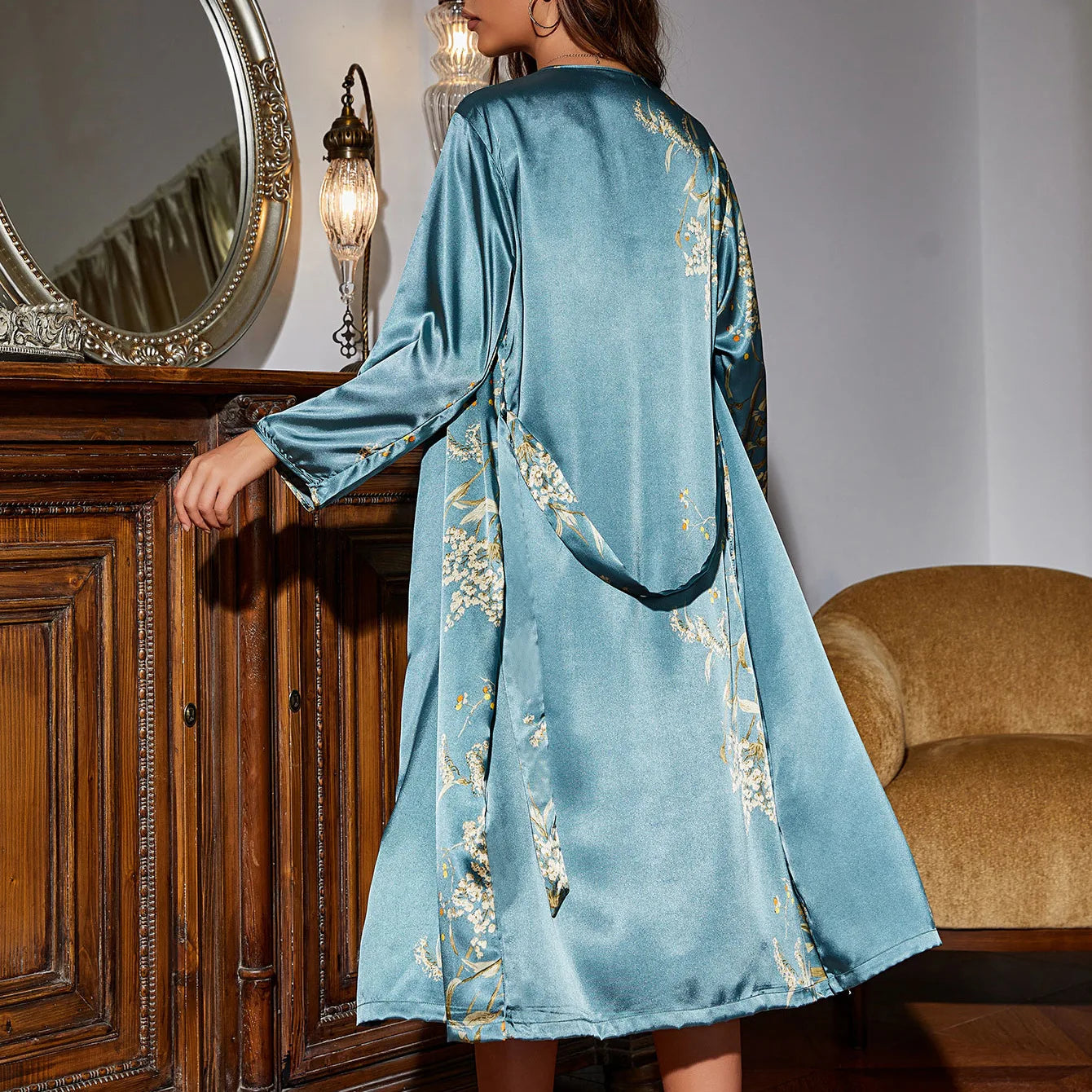 Women's Four-Season Lace Up Pajama Dress Set | 2-Piece Thin Outerwear Medium Length