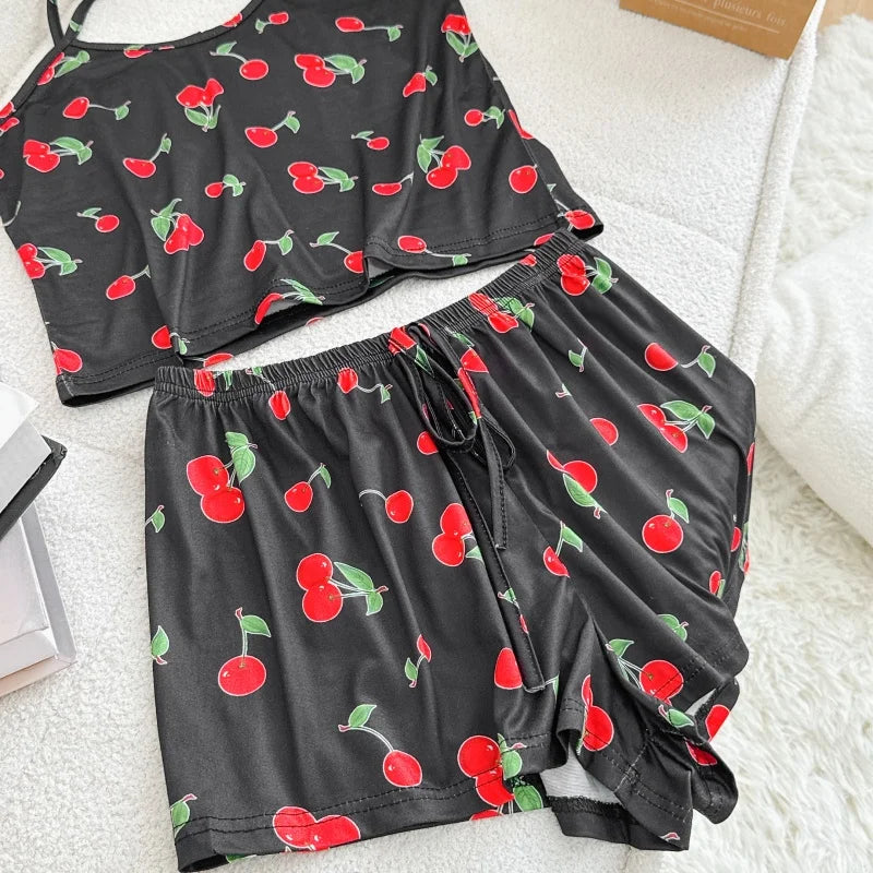 Women's Ice Silk Print Pajama Set | Round Neck T-Shirt & Shorts Breathable Homewear