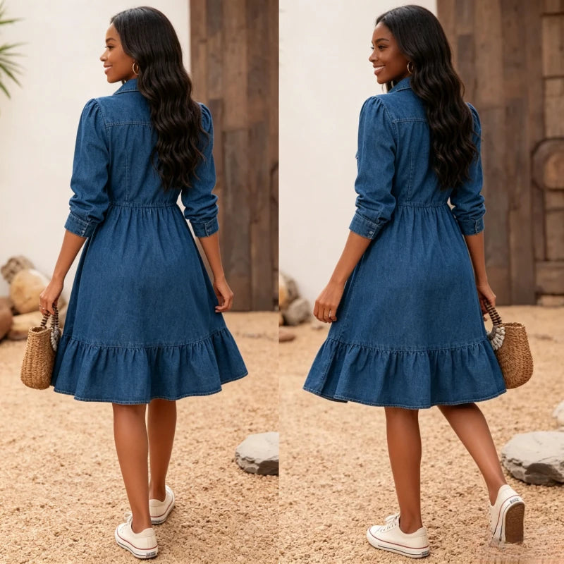 Vintage Denim Single-Breasted A-Line Dress — Washed Distressed Streetwear Ruffles Dress