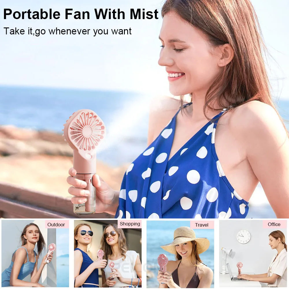 Portable Handheld Mist Fan with Humidifier — USB Rechargeable Mini Water Spray Fan