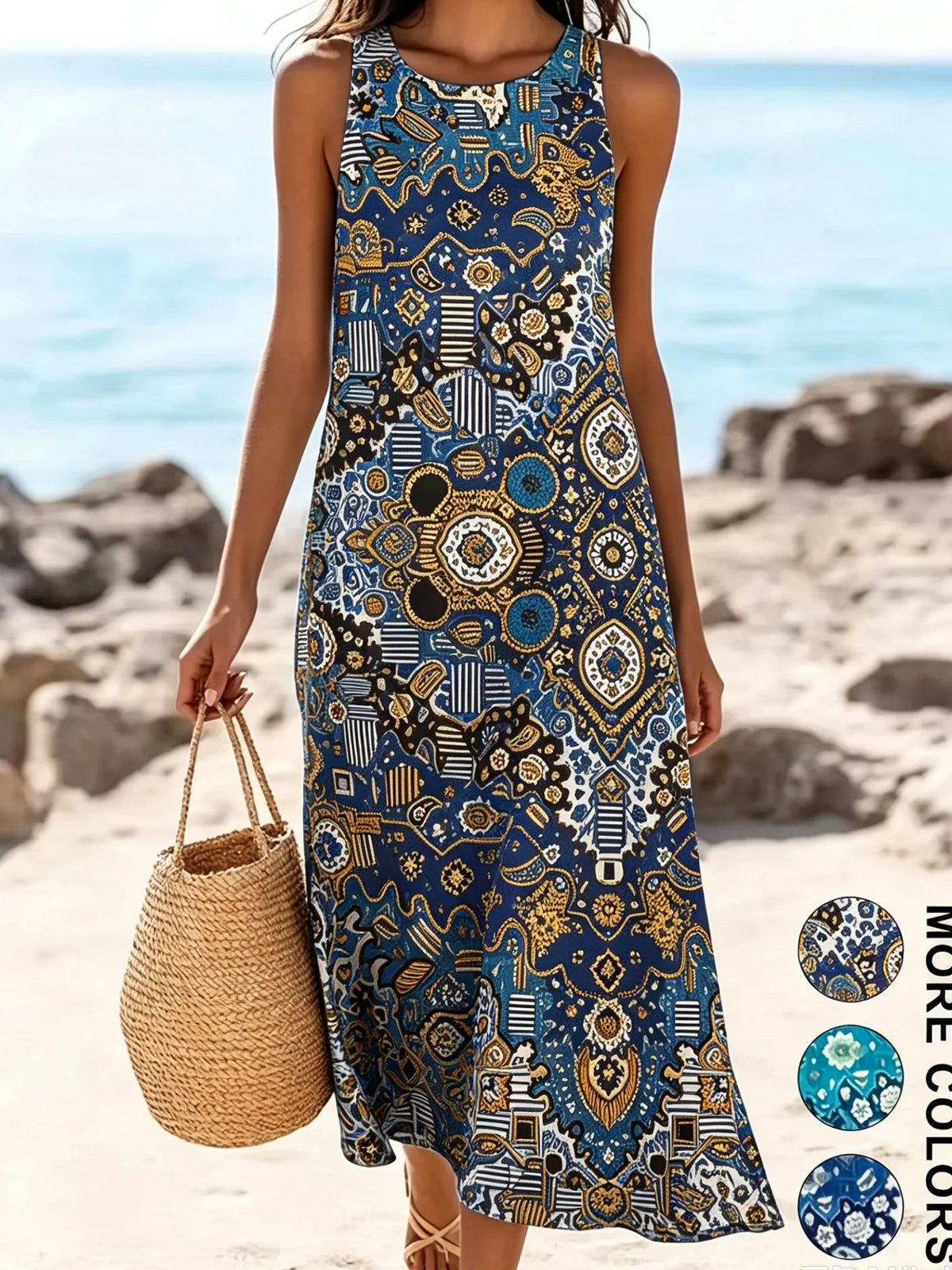 Women's Bohemian Floral Sleeveless MIDI Sundress with Pockets – Loose Sweetheart Beach Dress 2026