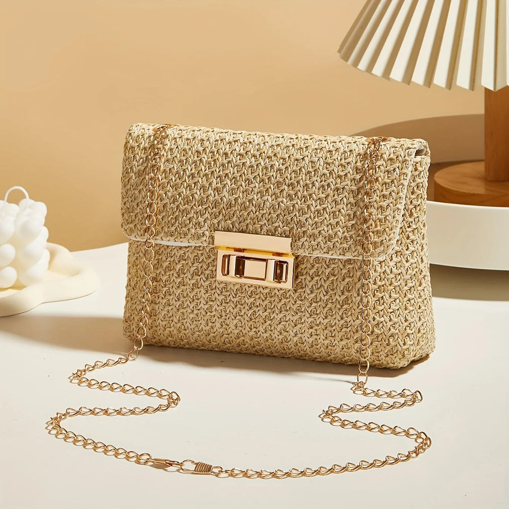 Woven Straw Shoulder Bag – Handwoven Crossbody Purse with Lock Closure for Women