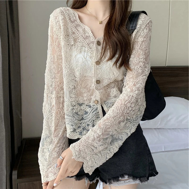 Women's Vintage Sheer Lace Blouse – Long Sleeve See-Through Sun Shirt Korean Style Casual Top