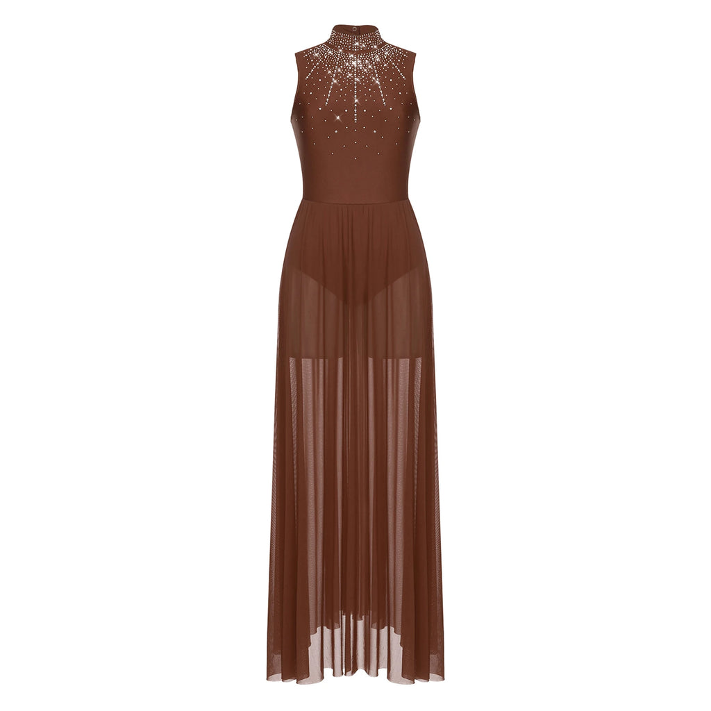 Rhinestone Maxi Sleeveless Contemporary Dance Dress — Mock Neck Wide Hemline Lyrical Leotard