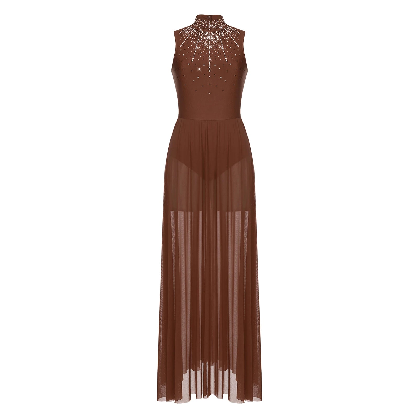 Rhinestone Maxi Sleeveless Contemporary Dance Dress — Mock Neck Wide Hemline Lyrical Leotard