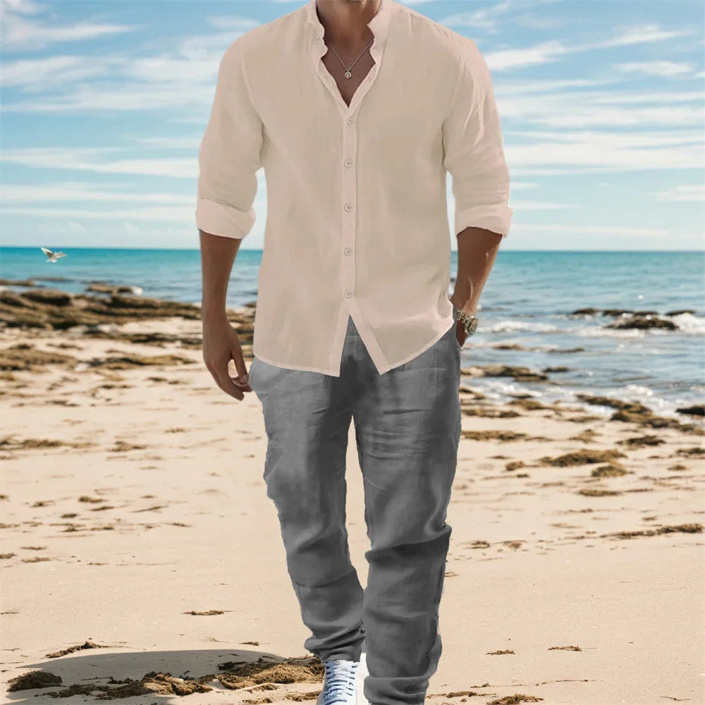 Men's Cotton Linen Long Sleeve Shirt & Pants Set – Lightweight Breathable Vacation Outfit