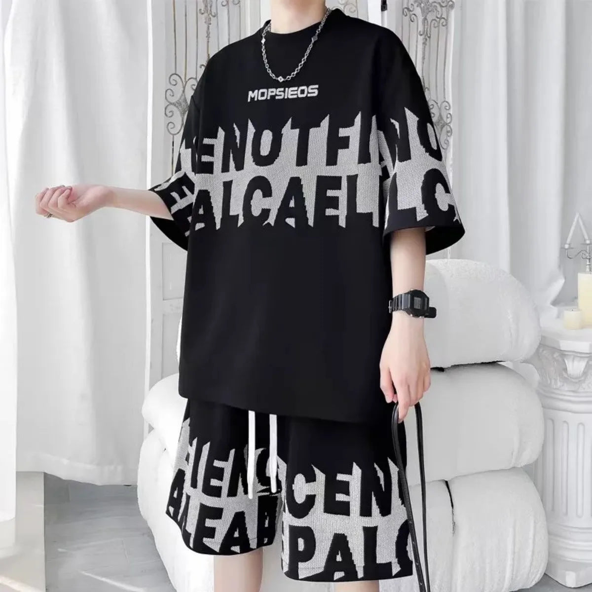 Men's Letter Print Short Sleeve T-Shirt & Drawstring Shorts Breathable Sports Set