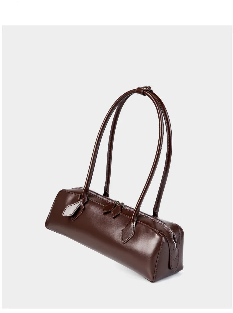 Vintage Genuine Leather Baguette Shoulder Bag – Korean Luxury Underarm Handbag for Women