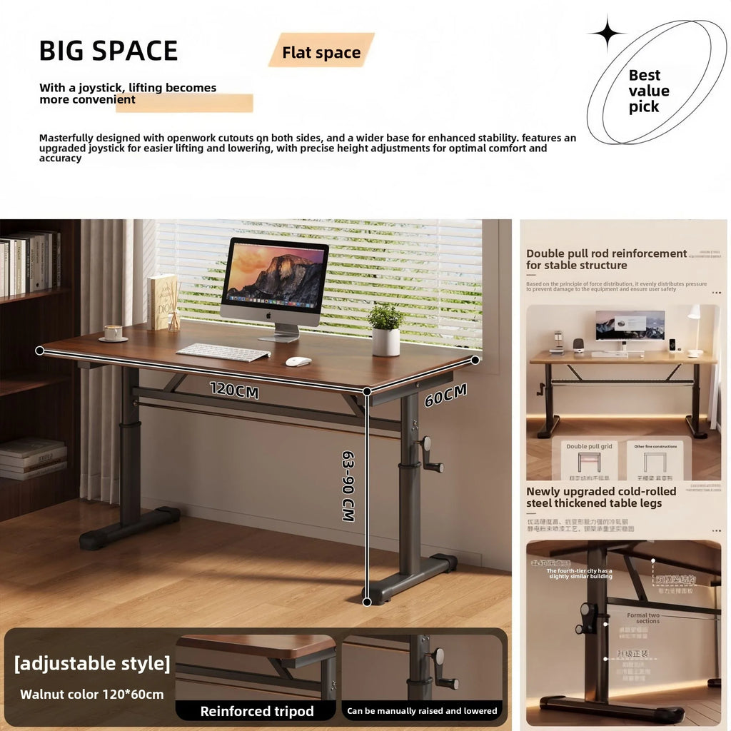 Manual Crank Height-Adjustable Computer Desk — Ergonomic Study Table, 65–95cm, Multiple Finishes