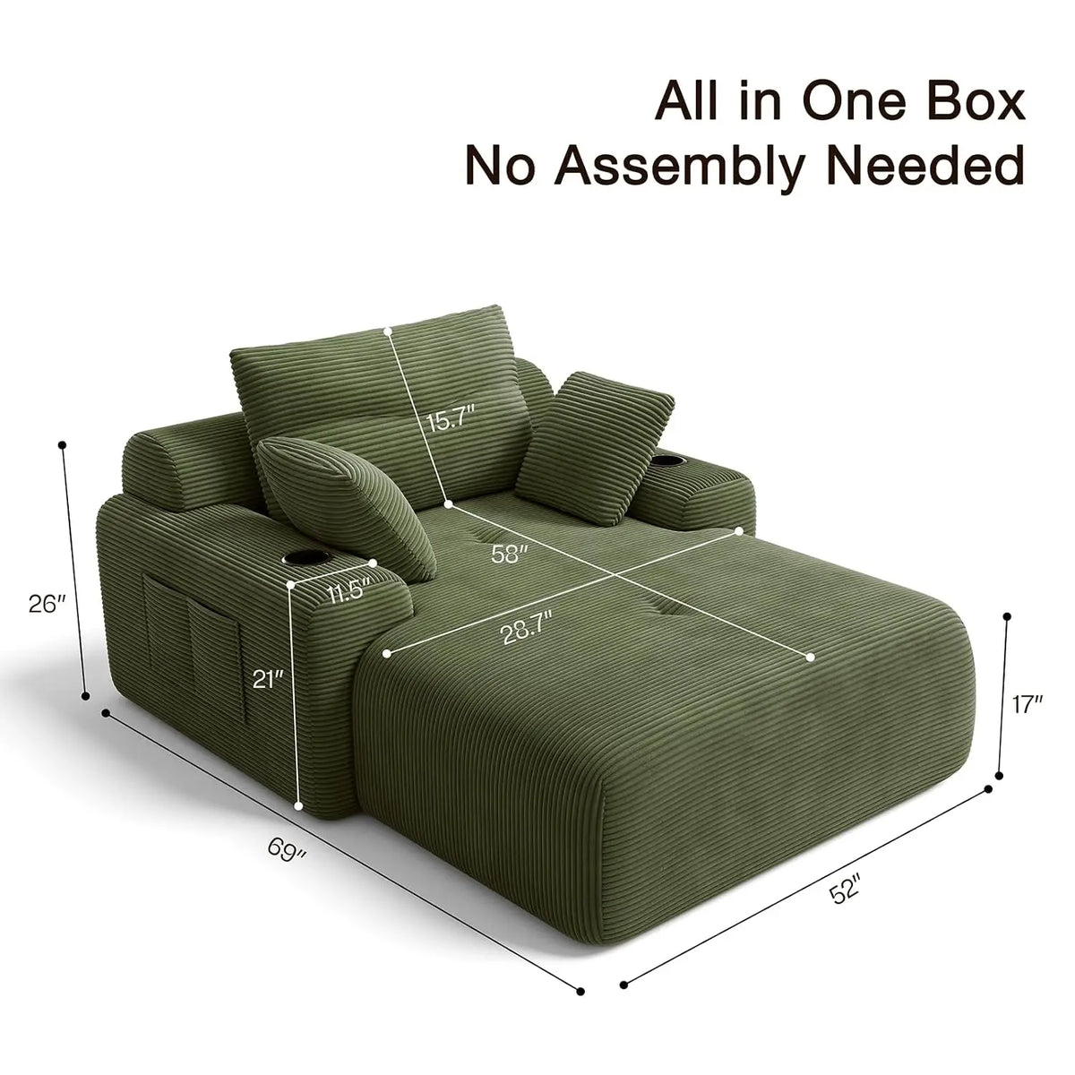 69-Inch Corduroy Boneless Chaise with Cup Holders