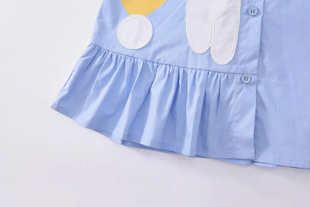 Rabbit Cartoon Shirt Dress for Girls — Short Sleeve Blue Casual Dress