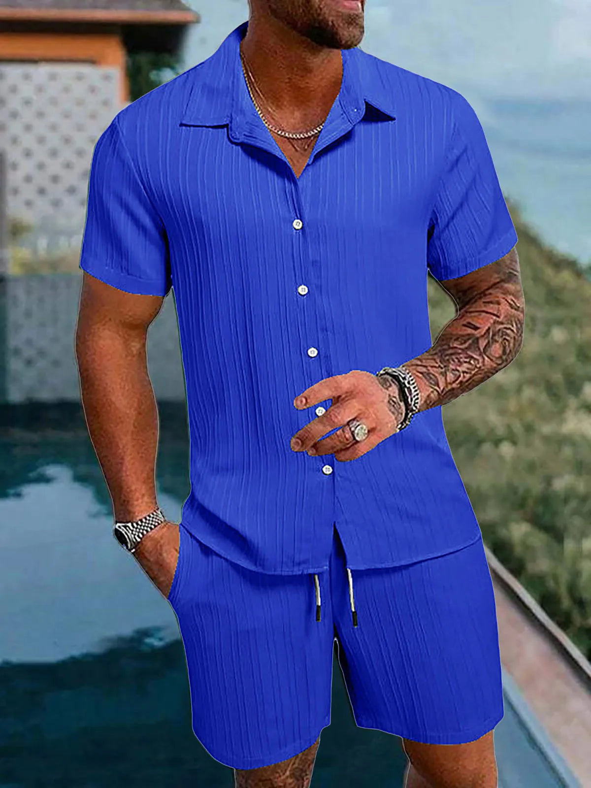 Men's Striped Polo Cardigan & Drawstring Shorts Sports Suit – Solid Color 2-Piece
