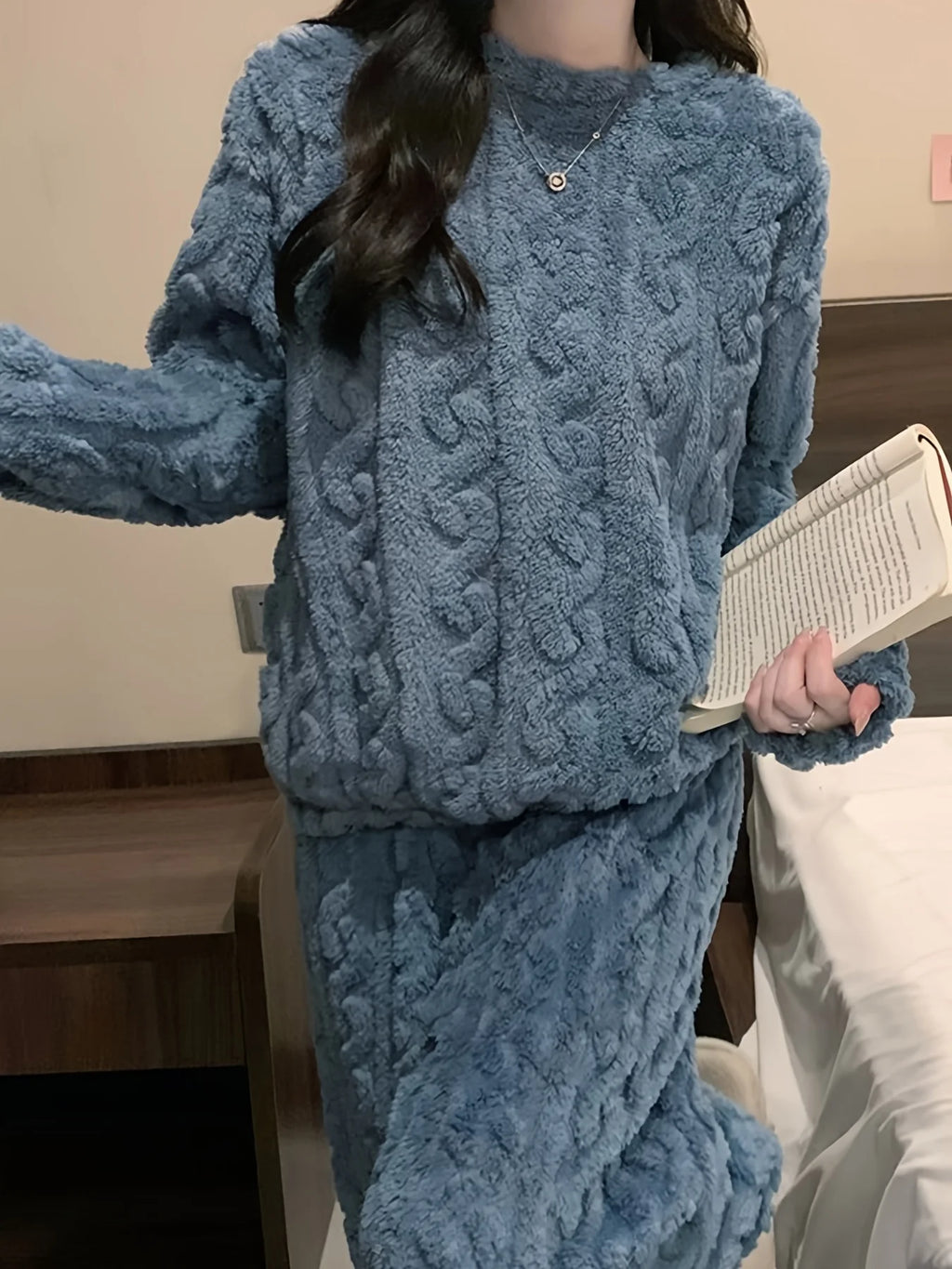 Women's Winter Plush Fleece Pajama Set – Thick Warm Jacquard Loungewear, 6 Colors