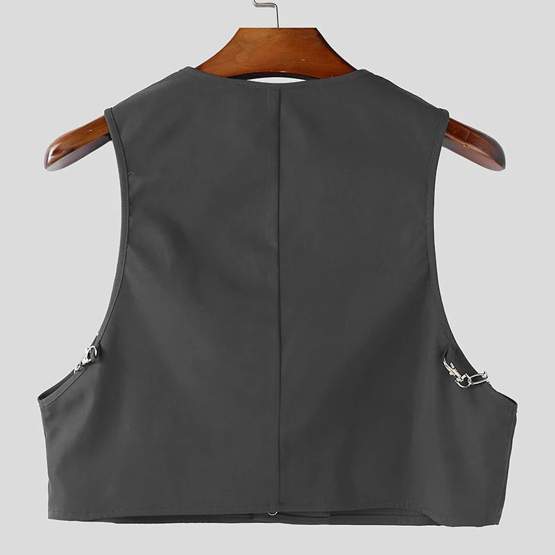INCERUN Men's V-Neck Sleeveless Crop Vest — Solid Color Streetwear Waistcoat