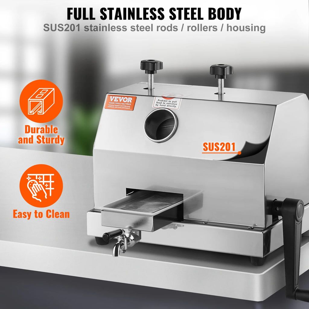 Commercial Sugarcane Juicer 110 LBS/H — 3 Stainless Steel Rollers, 2.4" Large Inlet