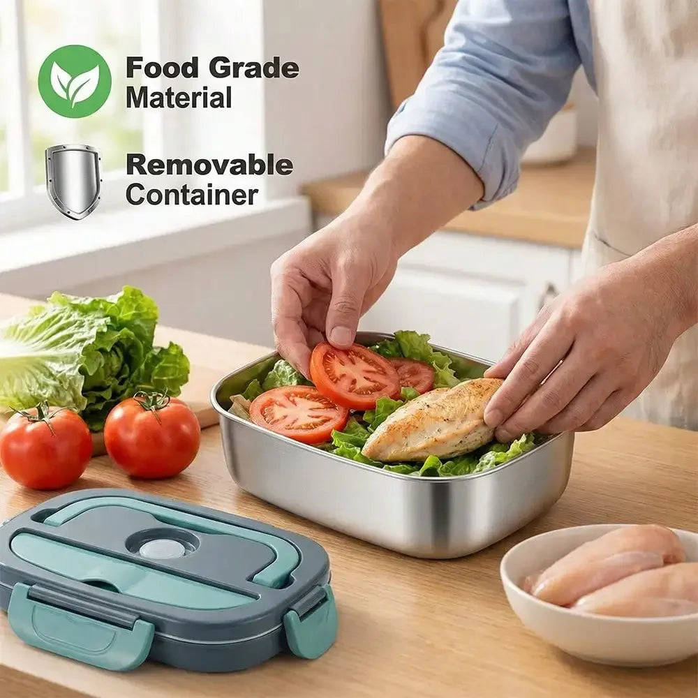 Person preparing a salad in a stainless steel container with food grade material and removable container features highlighted.