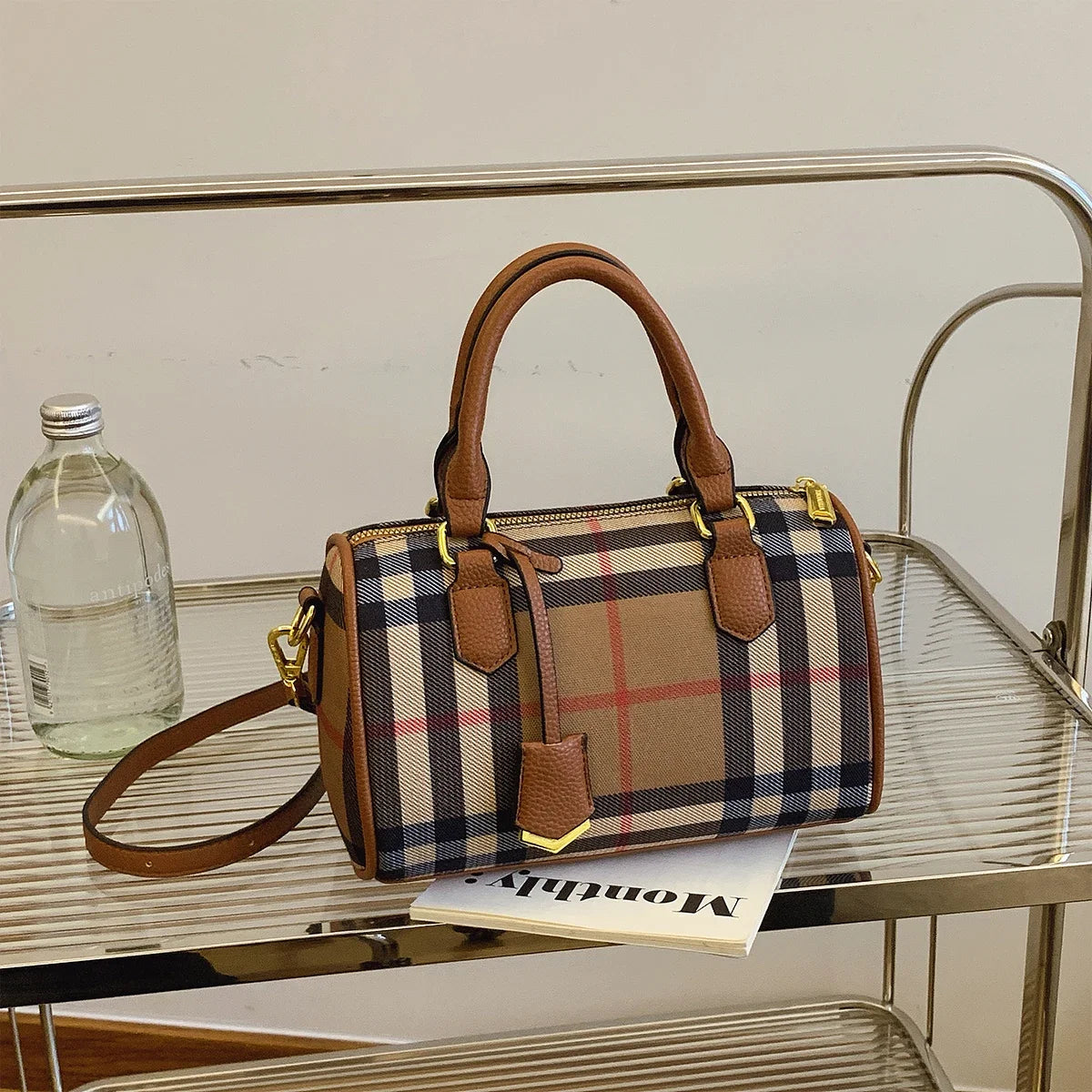 Large Capacity Stripe Plaid Shoulder Bag – PU Crossbody Tote with Adjustable Strap & Zip Closure