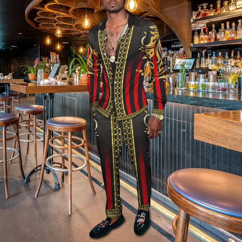 Men's 3D Retro Harajuku Print Long Sleeve Lapel Shirt & Long Pants 2-Piece Set