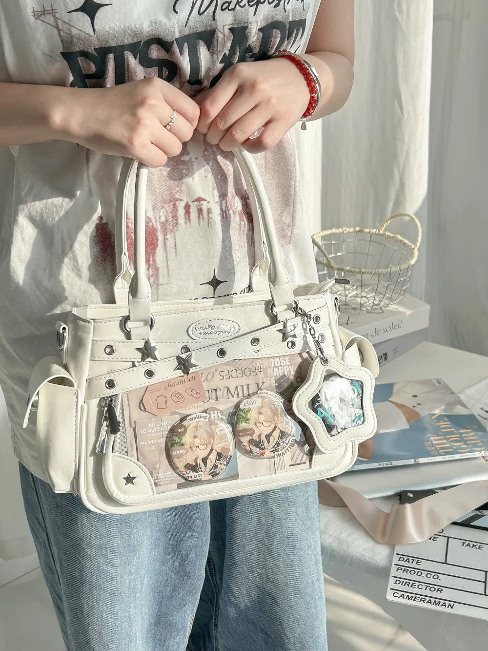Miyagawa Transparent Rivet PU Tote Bag – Multi-Function Crossbody Shoulder Handbag for Women